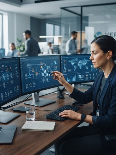 Crisp corporate photography, cool daylight, deep blue and neutral tones, shallow depth of field, professional editorial style. A technical professional analyzing complex cloud architecture data on high-end screens in a modern collaborative workspace.