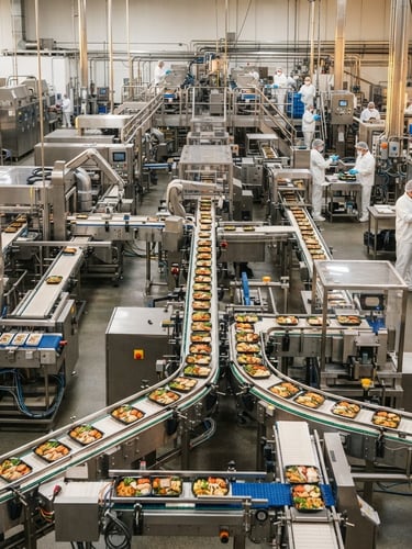 Wide shot of a gleaming, state-of-the-art automated food production line, stainless steel machinery, high-key lighting, technicians in full protective gear visible in the background, sharp focus, 35mm lens.