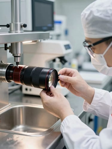 High-key, pristine lighting, close-up of a food technician in full protective gear performing a quality control test in a modern, gleaming laboratory, stainless steel equipment, sharp focus, 35mm lens.