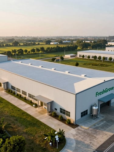Wide-angle drone shot of FreshGrove's modern food processing plant exterior at golden hour, showing clean architecture and surrounding green landscape. Clean, bright, high-key lighting, sharp focus, cinematic feel.