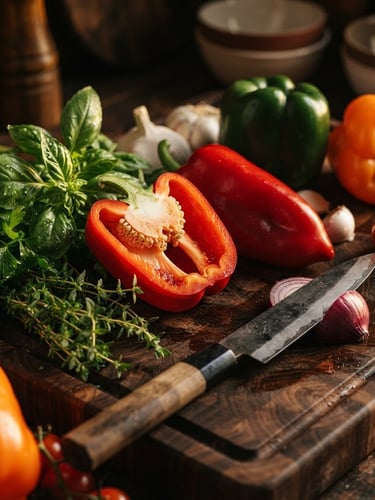 High-end close-up of vibrant, fresh vegetables (e.g., bell peppers, herbs) on a dark wooden cutting board, with warm, dramatic side-lighting. Sharp focus on textures.