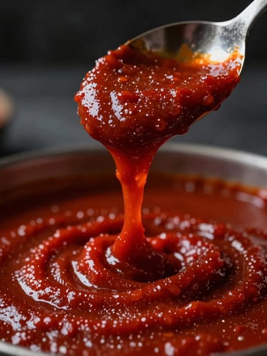 Dramatic close-up of thick, textured red sauce dripping slowly from a dark iron spoon, moody kitchen lighting, shallow depth of field