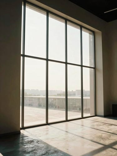 Close architectural detail of a floor-to-ceiling glass facade at midday, intense direct sunlight creating harsh glare on the interior concrete floor, bleached-out overexposed glass pane, warm yellow-white light flooding the room edge, deep shadow contrast visible on side walls — no people, no furniture foreground
