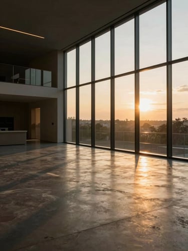 Wide interior of a modernist living space, floor-to-ceiling glazing on the right wall, warm golden-hour light raking across a polished concrete floor, deep shadow in the left corner, no people, architectural editorial framing