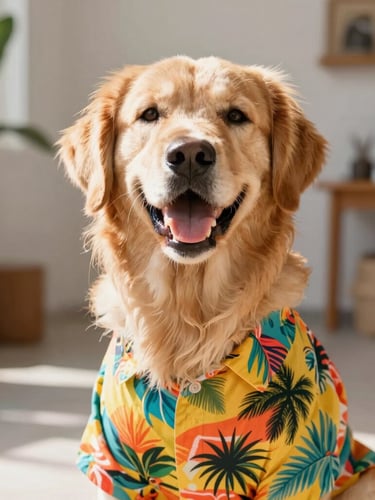 Dynamic eye-level portrait of a happy Golden Retriever wearing a vibrant custom-fit tropical shirt, bright natural daylight, Celaya workshop background