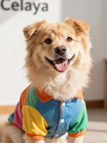 Close-up of a happy fluffy dog wearing a colorful custom shirt, bright warm daylight, shallow depth of field, Celaya workshop backdrop