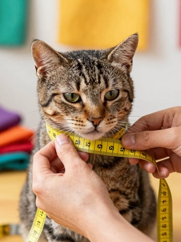 Close-up of hands gently measuring a calm tabby cat with a soft yellow measuring tape in a warm, sunlit workshop in Celaya, showing colorful fabric details