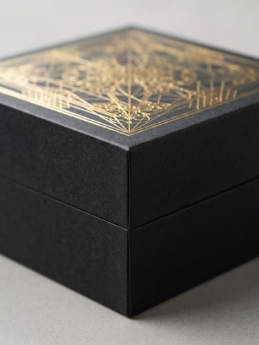 Close-up of a pristine matte black rigid box with crisp edges and precise foil stamping, soft studio lighting, neutral minimalist backdrop, 85mm