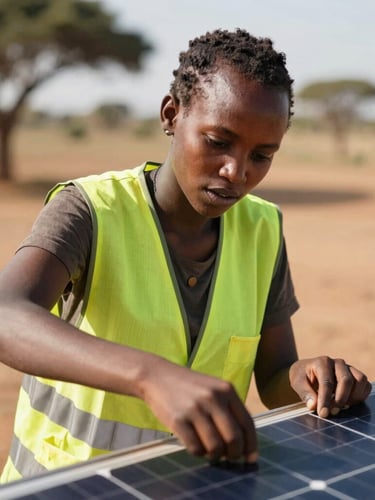 Close-up of a young Kenyan woman in a safety vest adjusting a solar panel under warm East African sunlight, focused expression, 35mm editorial style