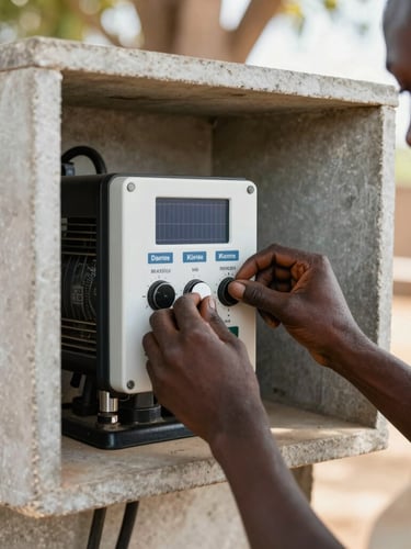 A close-up of a modern solar pump controller inside a clean concrete utility shed, hands of a young Kenyan technician adjusting dials, bright daylight filtering in
