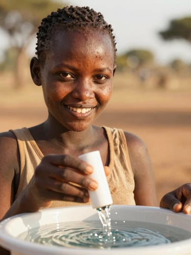 Medium close-up of a young Kenyan woman in warm golden light, smiling confidently while examining a water filtration unit, 35mm lens, rich earth tones.