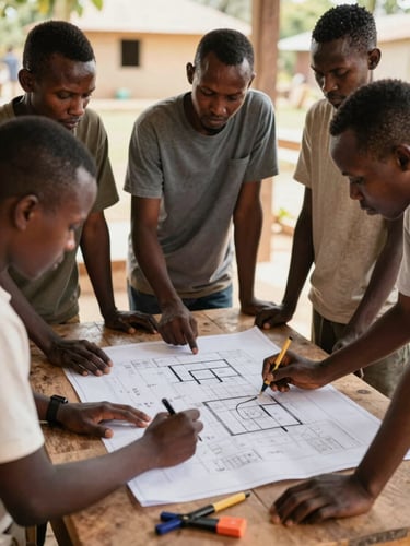 A group of young Kenyan men and women collaborating around a wooden workshop table, reviewing architectural blueprints with tools nearby, warm natural light, 35mm editorial style