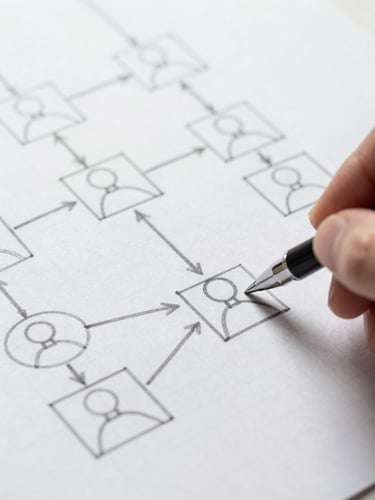 Macro close-up of a hand sketching a structured user journey flowchart on a crisp white grid paper, sharp daylight shadows, technical blueprint aesthetic.
