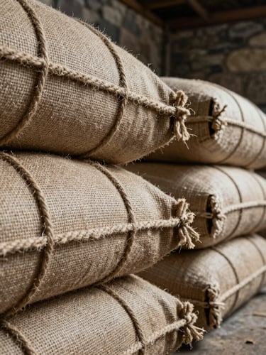 Macro close-up of textured raw jute sacks tied with coarse hemp rope, stacked inside a dimly lit stone warehouse, low-angle side lighting highlighting the fabric weave.