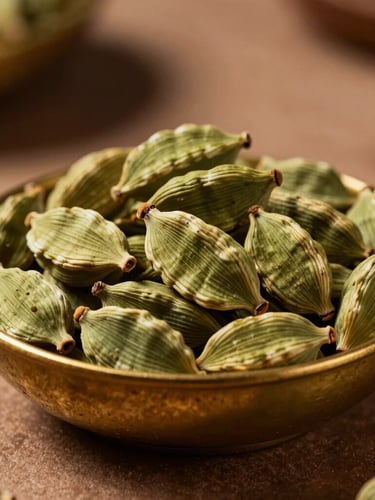 Macro close-up of whole green cardamom pods in a rustic brass bowl, dramatic side-lighting casting deep shadows, warm clay textures in the background, cinematic 21:9 crop.
