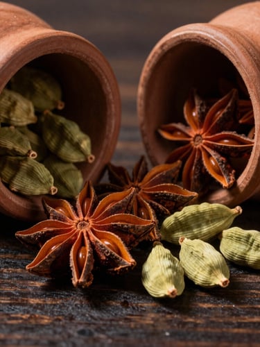 Macro close-up of raw clay spice jars filled with vibrant star anise and green cardamom pods, low-angle dramatic side-lighting casting deep shadows, dark wood background.