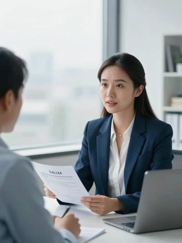 Professional insurance agent in a bright, modern Salem office, discussing policy details with a client, natural overcast window light, professional corporate editorial.