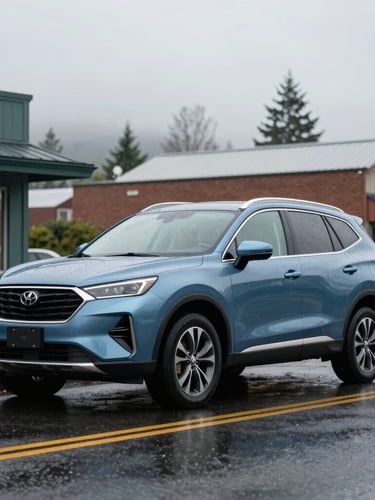 A modern SUV parked along a clean, rain-slicked street in downtown Salem, Oregon, soft overcast Willamette Valley daylight, professional clean editorial photography.