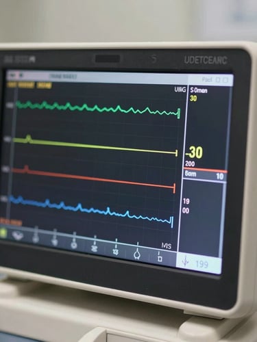 Close-up of a professional clinical monitor displaying vital signs, bright daylight, high-contrast crisp details.