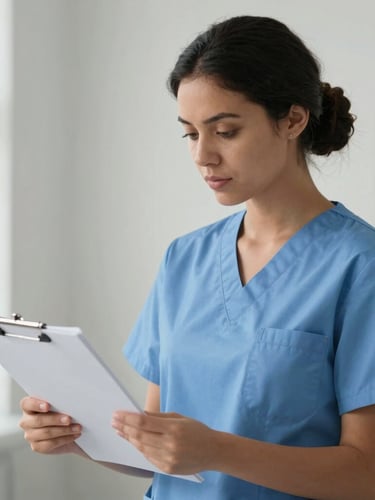 A professional portrait of a diverse nurse in clean blue scrubs reviewing a chart in a bright, neutral clinical daylight environment, medium-close up.