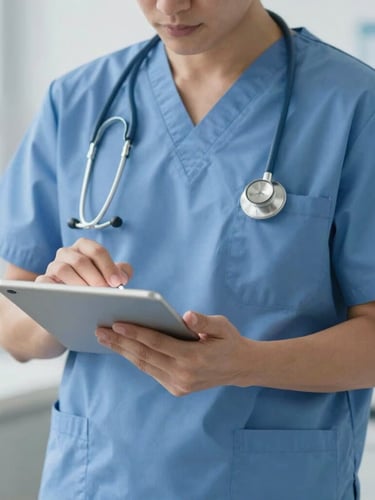 Medium close-up of a professional physician in clean scrubs reviewing medical credentials on a tablet, bright neutral clinical daylight, clean clinical environment, sharp focus