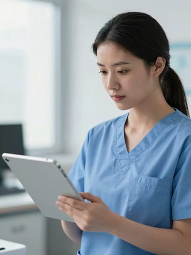 Medium close-up of a professional female physician in clean blue scrubs looking at a tablet screen in a bright, clinical, neutral daylight hospital office.