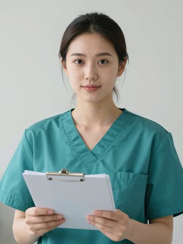A professional portrait of a nurse in clean teal scrubs holding a medical chart, bright clinical neutral light, medium close-up