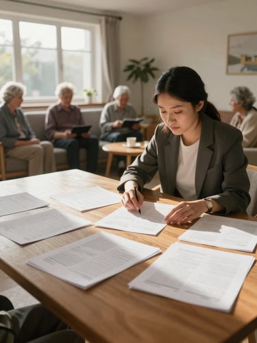 Wide shot of a care home common room, late afternoon window light falling across a table where a quality coordinator reviews printed evaluation documents, residents visible softly out of focus in the background