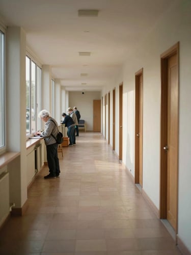Wide corridor of a French care residence in soft morning light, residents visible at distance near a window, warm institutional tones, honest and unhurried atmosphere, no posed figures