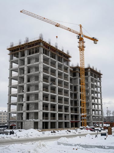Wide environmental shot of a multi-storey building under active construction in Novosibirsk, concrete framework exposed, cranes visible against an overcast winter sky, snow on the ground, no people posing