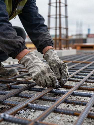 Close-up of a construction worker's gloved hands placing reinforcing rebar on a concrete foundation at a Novosibirsk build site, overcast daylight, frost visible on the metal, structural depth in the background