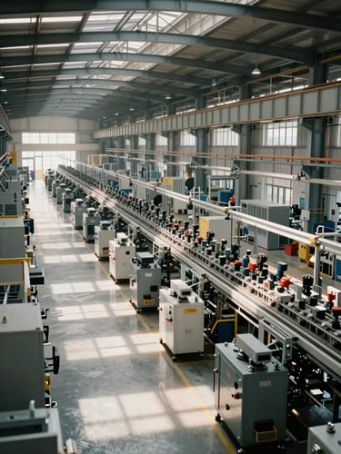 Clean architectural view of the factory floor, showing highly structured assembly lines illuminated by bright natural daylight.