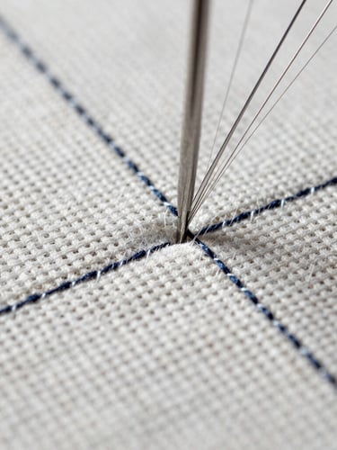 Macro close-up of high-density stitching on heavy canvas fabric, industrial needle penetrating the weave, bright cool task lighting, architectural alignment, high contrast details.