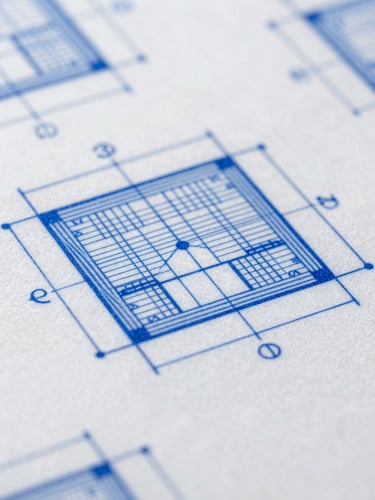 Macro close-up of a technical flat pattern with precise blue blueprint lines and measurements, architectural drafting style, bright natural light.