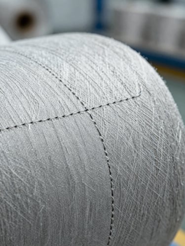 Detailed macro shot of heavy-duty seams on raw linen, illuminated by cool natural daylight in a clean industrial setting.