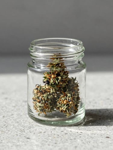 A minimalist glass jar containing premium cannabis flower on a clean, light-grey travertine stone background, soft natural daylight casting elegant shadows.