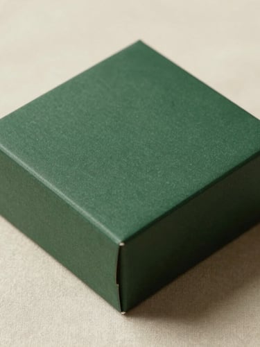 A minimalist, close-up shot of a sleek, unbranded dark green box resting on a warm cream linen surface, soft natural side-lighting, clean shadows.