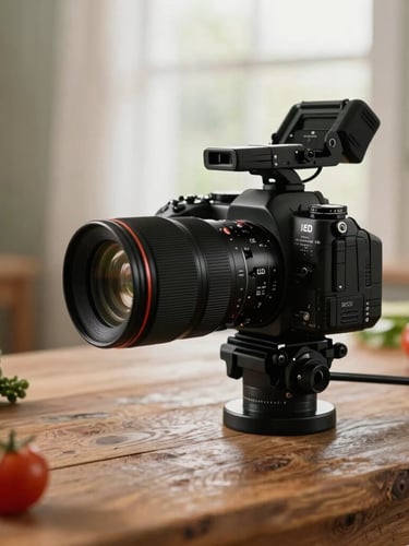 Behind-the-scenes shot of a professional camera setup over a rustic wooden table with fresh ingredients, soft window light