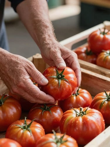 A close-up of a vendor's hands arranging fresh heirloom tomatoes on a wooden crate at a sunlit indoor market stall, natural light, rich textures.