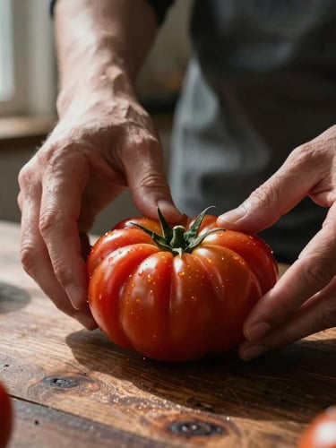 Extreme close-up of hands prepping heirloom tomatoes on a dark wooden workstation, natural window light casting deep shadows, rustic kitchen background.