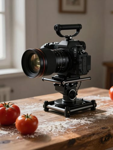 A professional camera rig positioned over a rustic wooden prep table with fresh heirloom tomatoes and flour dust, soft side window lighting, high contrast shadows