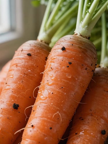Extreme macro close-up of freshly harvested carrots with damp dark soil clinging to the roots, natural window light