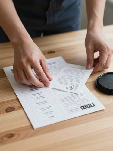 Hands arranging freshly printed packaging labels on a light wooden table, a small ink pad beside them, north-facing daylight, no clutter, calm and purposeful