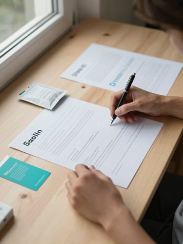Close overhead view of a designer's hands arranging brand identity sheets and a small product package on a pale birch table, north-facing window light casting soft shadows, teal-accented label visible at lower left edge, composition tight and unhurried