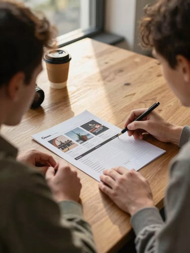 Two team members seated at a wide wooden desk reviewing a printed shot list and social media grid layout, golden morning light through a side window, coffee cups and a camera lens visible on the desk corner, candid and unposed