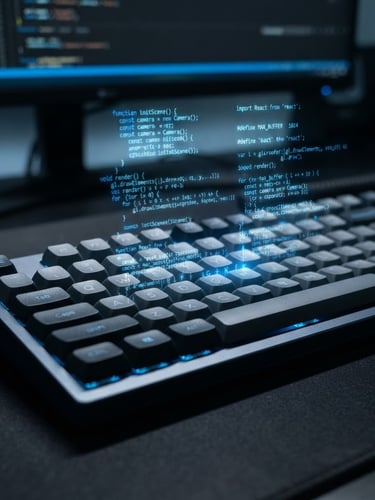 Gros plan sur un clavier d'ordinateur moderne avec des reflets bleus, des lignes de code semi-transparentes flottant au-dessus, dans un environnement de travail minimaliste et high-tech. Éclairage studio froid.
