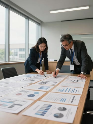Wide environmental shot of a conference room mid-session, two professionals leaning over a large table covered in printed strategy documents, natural daylight from floor-to-ceiling windows on the left, camera positioned at the far end of the table capturing depth and working context, no posed arrangement