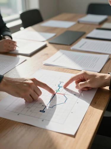 Wide environmental shot of a conference table mid-session, strategy documents spread across the surface, two hands pointing at a printed roadmap, natural window light from the left side, no faces visible