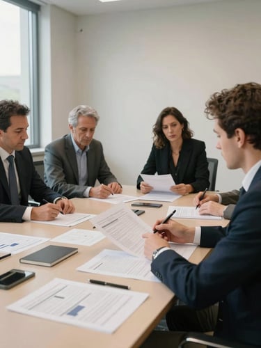 Wide environmental shot of a conference room mid-meeting, four professionals seated around a long table covered in printed strategy documents, one person pointing at a page with a pen, natural window light from the left casting soft shadows, candid framing showing intensity of focus, no posed expressions