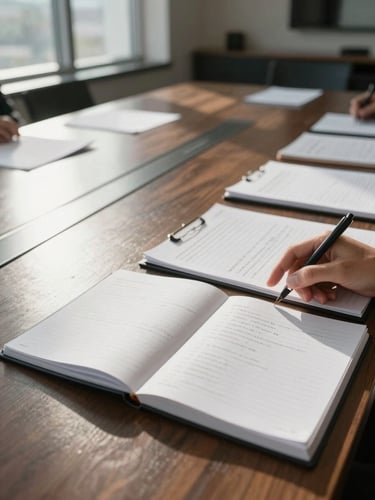 Wide environmental shot of a conference table mid-session, strategy documents and annotated notebooks spread across the surface, a hand pointing at a margin note, natural daylight streaming from large windows to the left, no faces visible, candid working atmosphere